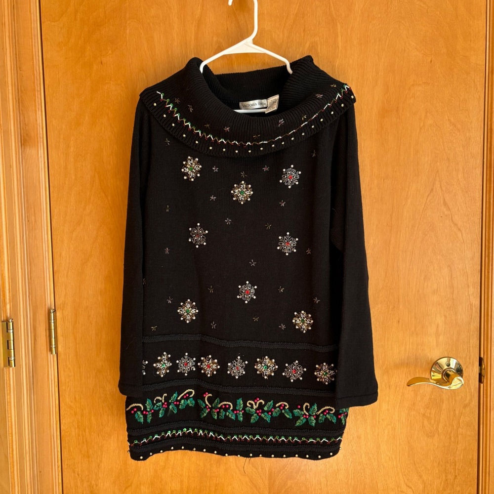 Victoria Jones Black Snowflake Candy Cane Ugly Christmas‎ Sweater XL